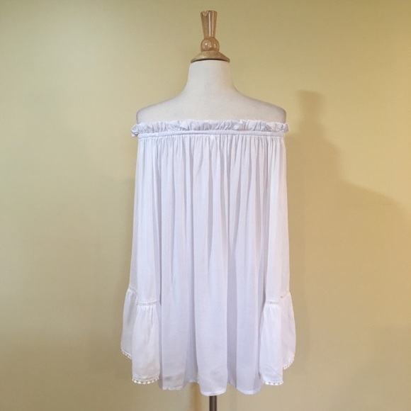Off Shoulder Bell Sleeve Ruffle Split Front Blouse - Picture 6 of 8